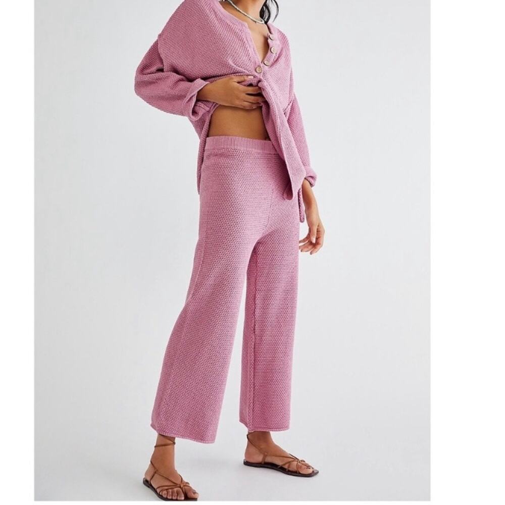 Free People Rose Pink Hailee Sweater Waffle Knit Wide Leg Cropped Pants Sz.L